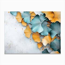 A 3d With Ginkgo Leaves In Turquoise And Golden Tones On A Light Gray 2 Canvas Print