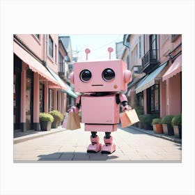 A Pink Robot With Large Eyes, Wearing A Shopping Bag In Each Hand, Stands On A Pink Toned Street Lined With Shops Canvas Print