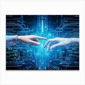 Abstract Cyber Concept Art Depicting A Human Hand And Artificial Intelligence Robotic Finger Almost (6) Canvas Print