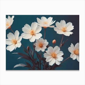 Beautiful Bouquet Of Delicate White Cosmos Flowers With Yellow Centers Against A Turquoise Background, Capturing The Elegance And Simplicity Of Nature Canvas Print