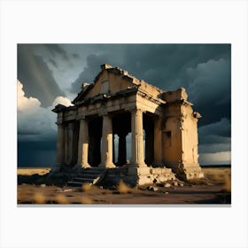 A Photograph Of An Ancient, Ruined Temple With Columns, Standing Alone In A Field Of Dry Grass, Under A Dramatic, Stormy Sky Canvas Print