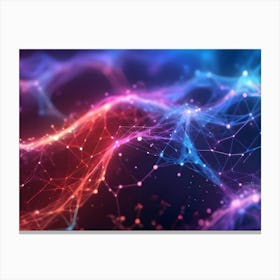 Abstract Background With Vibrant, Flowing Lines Of Interconnected Particles And Dots In Blue, Red, And Orange Hues, Suggesting Data Or Energy Flow Canvas Print