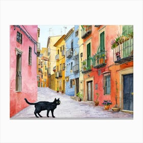 Tarragona, Spain   Cat In Street Art Watercolour Painting 2 Canvas Print