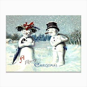 Snowman Is Expressing Love To His Snow Lady Canvas Print