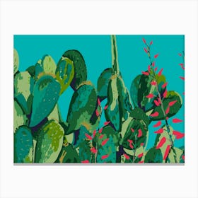 Prickly Pear Cactus And Red Flowers Canvas Print