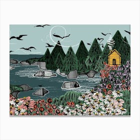 Coastal Log Cabin Landscape Canvas Print