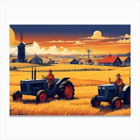 Two Farmers Driving Blue Tractors Across A Golden Wheat Field At Sunset, With Windmills And A Village In The Background Canvas Print