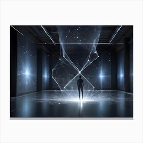 A Person Stands Silhouetted Against A Backdrop Of Glowing Geometric Shapes And Constellations In A Darkened Room Canvas Print