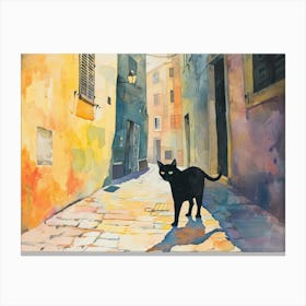 Black Cat In Turin, Italy, Street Art Watercolour Painting 1 Canvas Print