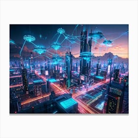 A Digital Painting Of A Globally Networked Cityscape Futuristic Ai Central Node Glowing With Connec (3) Canvas Print