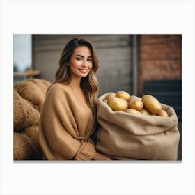 Young Woman Holding Sack Of Potatoes Canvas Print