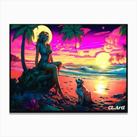 Girl And Dog On The Beach Canvas Print