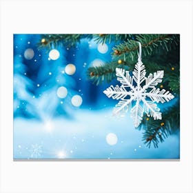 Closeup Of A Single Shiny Snowflake Resting On A Fir Tree Branch White And Blue Hues Dominating The (1) Canvas Print