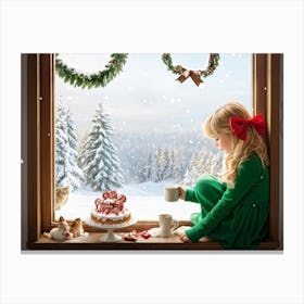 Blonde Girl Sporting A Red Bow Tied To Her Hair Dressed In Emerald Green Gazing Out A Window At A Canvas Print