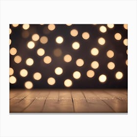 A Dark Brown Background With A Wooden Floor In The Foreground And A Blurry Background Of Golden Bokeh Lights Canvas Print