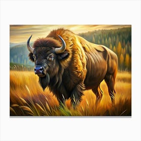 Bison In Field With Tall Grass And Forest In Background Canvas Print