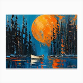 A Small White Boat Under The Golden Moon Canvas Print