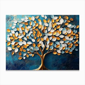 Colorful Tree with Leaves on Hanging Branches of Blue, White and Golden Illustration Canvas Print