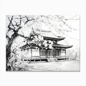 Temple And Sakura - Black And White Canvas Print