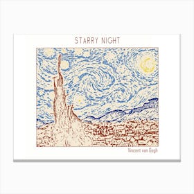 Line Art Minimalist – Starry Night – Vincent Van Gogh – Classic Painting 1 Canvas Print