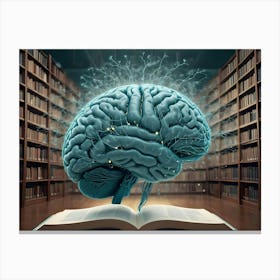 An Illustration Of A Human Brain Emerging From An Open Book, Surrounded By A Glowing Aura Of Light And A Library Of Books In The Background Canvas Print