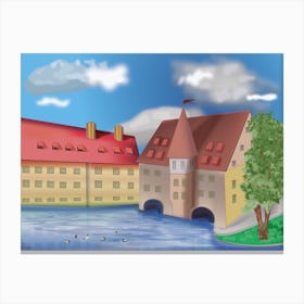 Landscape With A Hospital Of The Holy Spirit On The River In The City Of Nurenberg In Germany Canvas Print