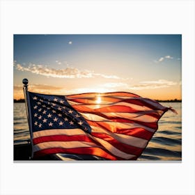 American Flag Rippling In The Wind During Sunrise Stars Shining With A Metallic Sheen Stripes Vibr Canvas Print