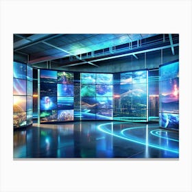 Futuristic Looking Studio With Large Screens Displaying Various Images, Including Planets, Cities, Landscapes, And Abstract Patterns Canvas Print