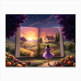 Woman Walking Toward A House On A Hillside With A Book Opening Behind Her 7 Canvas Print