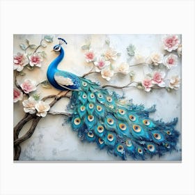 3d Artwork Background Blue Peacock on Branch Art with Flowers 1 Canvas Print