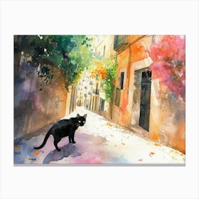 Barcelona, Spain   Black Cat In Street Art Watercolour Painting 3 Canvas Print