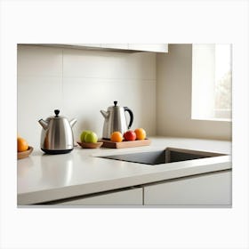 Photo Of A Kitchen Counter With Two Stainless Steel Kettles, Bowls Of Apples And Oranges, And A Sink Canvas Print