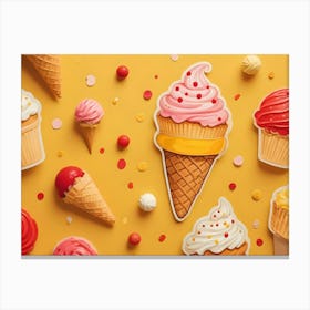 A Playful Illustration Of Ice Cream Cones And Cupcakes With Various Toppings On A Yellow Background Canvas Print