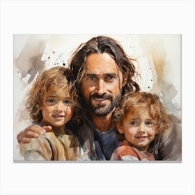 Jesus with little children - watercolor painting. 4 Canvas Print