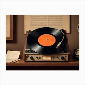 A Vintage Record Player With A Record On The Turntable, Surrounded By Other Vintage Audio Equipment And A Plant Canvas Print