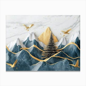 3d Modern Art With Christmas Tree, Golden Lines and Mountain And Birds In Blue Marble 1 Canvas Print