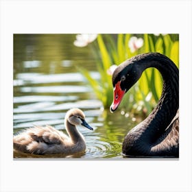 Closeup Of A Black Swan With Its Cygnet On A Small Tranquil Duck Pond Reflecting The Sprightlines Canvas Print