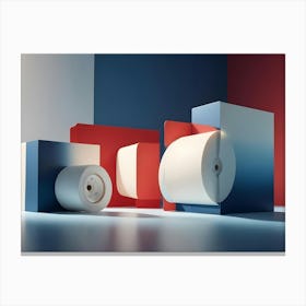 Photo Of Blue, Red, And White Geometric Shapes With A White Roll Of Paper In The Center Canvas Print