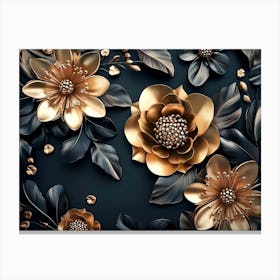 Gold Flowers On Black Background 12 Canvas Print