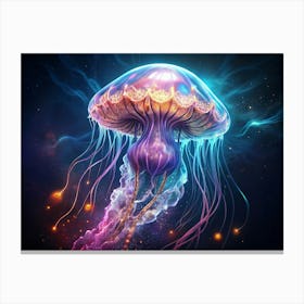 Glowing, Multicolored Jellyfish In A Dark, Cosmic Background Canvas Print