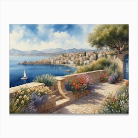 View Of Mediterranean Coastal Town Canvas Print