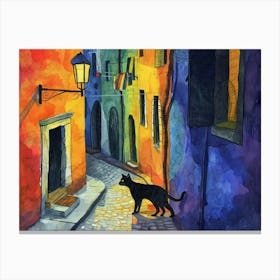 Black Cat In Ravenna, Italy, Street Art Watercolour Painting 1 Canvas Print