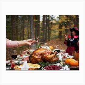 Festive Pilgrim Celebrating With A Plump Turkey At A Thanksgiving Feast Pilgrim Dress Richly Colore (3) Leinwandbild