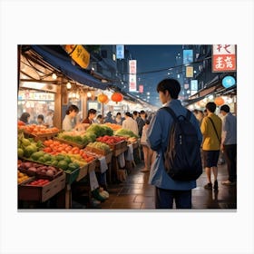 A Man Standing In The Middle Of A Crowded Night Market Canvas Print