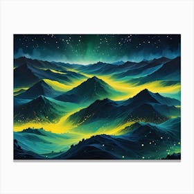 A Digital Painting Of A Mountainous Landscape With Vibrant Green Hills, A Yellow Glow, And A Starry Night Sky, Creating A Surreal Or Dreamlike Atmosphere Canvas Print