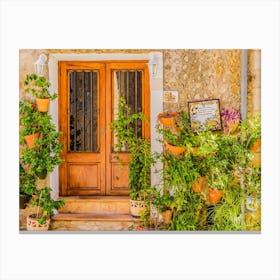 Traditional flower pots decorate the walls of the narrow streets and residential buildings, bringing color and beauty to the village's charming architecture. These potted plants are not only a nod to the island's Mediterranean culture, but also a symbol of the village's rich history and tradition. Canvas Print