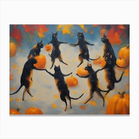 Black Cats Dancing With Pumpkins on Halloween - Witchy Fall Art of Vintage Whimsical Kitties Dance Carrying Jack O Lanterns Autumn Pagan Witchcraft Whimsy Folk Art For Cat Lover, Cat Moms Funny and Cute HD Canvas Print