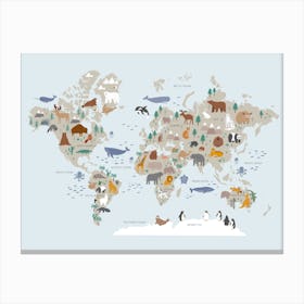 Kids World Map With Animals In Blue Canvas Print