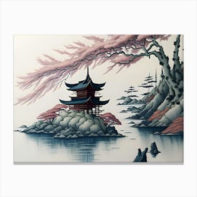 Japanese Painting Building Lake Canvas Print