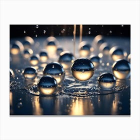 Reflective, Liquid Metal Spheres Gather On A Dark Surface, With A Stream Of Liquid Flowing Downwards And Reflecting Light Canvas Print